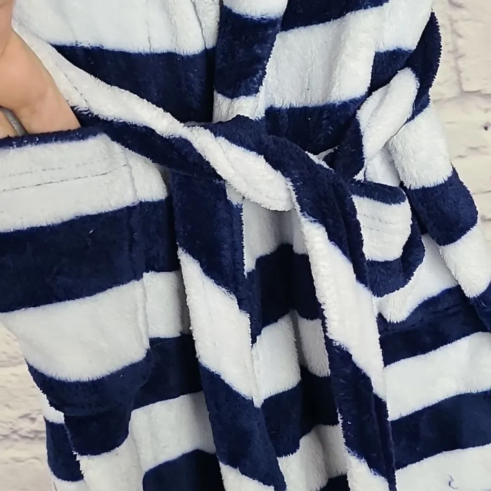 Navy Blue Stripe Bathrobe Kids S 6/7 Faux Fur Fleece Sleepwear Robe Plush Lounge